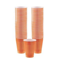 orange plastic cups with white rims are stacked on top of each other in front of the words 50 count