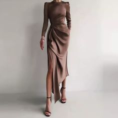 Gorgeous Dress For Any Event! Long Sleeve Satin-Like Chocolate Brown Dress, Side Slit, Detachable Belt, Flattering Figure. Shoulder Puffs Are Not As Pronounced As On The Model Picture. See Video For Better Understanding. Dresses Are Unlined, Not See Through. A Bit Wrinkly, But That'll Go Away When You Hang The Dress. Also Available In Cloudy Blue! Sizes Available: Medium, Large Measurements: Medium: 15" Shoulders 22" Sleeve Length 19.5" Pit To Pit 16" Waist Lying Flat 22" Hips Lying Flat (Meant Solid Maxi Dress, White Mini Dress Outfit, Maxi Dresses Fall, Chique Outfits, Hem Design, Ținută Casual, Satin Maxi Dress, Women Maxi, Looks Style