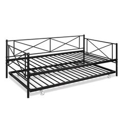 a metal bed frame with wheels on the bottom and side rails down to it's sides