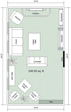 a floor plan for a living room and bedroom with furniture on the ground level,