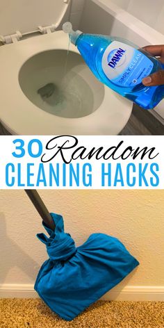 a person cleaning a toilet with a blue cloth on it and the words 30 random cleaning hacks