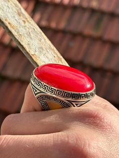 Large Red Jade Stone Ring , Silver Large Stone Ring , Ottoman Style Embroidered Ring ,  Turkish Handmade Sterling Silver Ring , Gift For Him ★Item Details * Gender : Male / Female * Material : 925K Sterling Silver * Total weight :  50 Grams * Gemstone : Jade  Stone * Stone Size  : 30x40mm ✔ Ready to Ship in 1-2 Business Days .. ✔ Shipped to the Worldwide 1-5 business days with free shipping... ✔ The product will be sent to you with a handmade wooden box to avoid any damage during shipping... ✔ V Red Oval Jewelry For Ceremonial Occasion, Red Gemstone Rings For Ceremonial Occasion, Red Gemstone Ring For Ceremonial Occasions, Red Oval Engraved Signet Ring, Ceremonial Red Gemstone Ring, Red Oval Enamel Ring For Gift, Oval Red Enamel Ring For Gift, Handmade Red Ring As Gift, Artisan Red Oval Jewelry