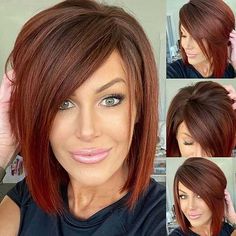 Asymmetrical Bob Haircut with Bangs Pelo Color Borgoña, Auburn Hair, Fall Hair Colors, Brunettes