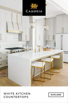 Incorporate white quartz countertops into interior design. Image features a white kitchen with gold/bronze accents. Gretchen Black, 2021 Kitchen Trends, Make Your Dreams Happen, Glamorous Kitchen, Camper Renovations, Cambria Countertops, Florida Kitchen, Waterfall Island, Cambria Quartz