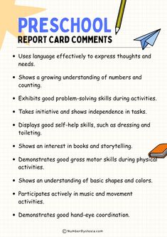 a poster with some writing on it that says, preschool report card comments use language effectively to express thoughts and needs