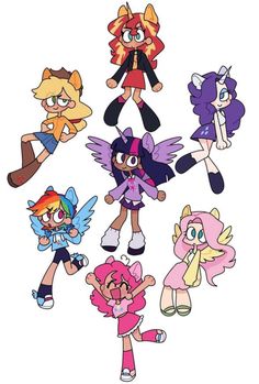 an image of cartoon characters with different outfits and hair colors, all in various poses