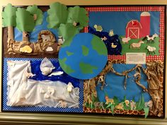 a bulletin board with paper cutouts and farm scenes on it, along with other items from around the world