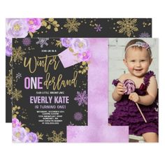 Winter ONEderland Birthday Invitation Purple Gold Winter Onederland Birthday Invitations, Winter Birthday Invitations, Winter Onederland Birthday Party, Snowflake Party, Onederland Birthday Party, Winter Birthday Parties, Winter Onederland Birthday, Girl Birthday Themes