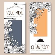 two restaurant menus with hand drawn flowers and leaves on the front, one in orange and