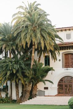 palm trees in front of a large white house