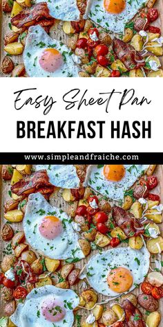 an easy sheet pan breakfast hash browns with eggs and tomatoes