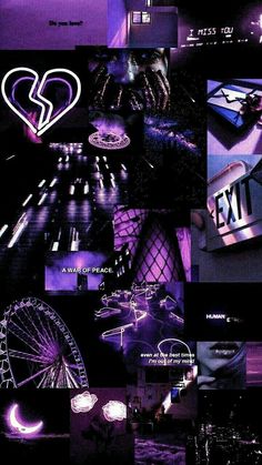 the collage shows many different types of neon lights and shapes in purple, black and white