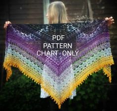 a woman holding up a crocheted shawl with the words pdf pattern chart only