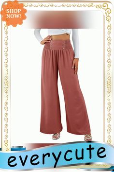 Dusty Pink Button Detail High Waist Wide Leg Pants Pink Buttoned Pants, Pink Bottoms With Buttons For Fall, Fall Non-stretch Pants With Buttons, Pink Fall Bottoms With Buttons, High-waisted Non-stretch Bottoms With Button Closure, Non-stretch High-waist Wide Leg Pants With Buttons, Non-stretch High-waisted Pants With Button Closure, Non-stretch Wide Leg Pants With Buttons, Casual High-waist Buttoned Pants