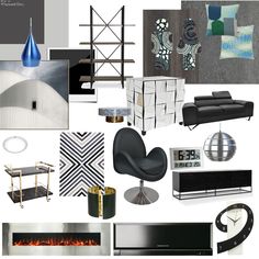 a collage of different furniture and decor items in black, white, grey and gold