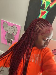 Cute Braided Hairstyles Red Hair, Braided Hairstyles For Black Women Burgundy, Red Skunk Stripe Knotless Braids, Red Knot Less Braids With Curls, Wine Red Braids For Black Women, Fulani Braids Red Hair, Burgundy Natural Hairstyles, Burgundy Fulani Braids With Curls, Braided Hairstyles Burgundy