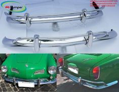 the front and rear view of a green car with chrome bumper bars on it's sides