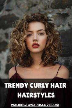 Woman with shoulder-length curly hair against a textured background, text reads "Trendy Curly Hair Hairstyles". Curly Haircut Women Medium, Waterfall Layers Curly Hair, Styling Medium Curly Hair, Curly Hair Mid Length Natural, Curly Hair Highlight Ideas, Short Hair Cuts For Women With Curly, Center Part Curly Hair, Short Natural Curly Haircuts