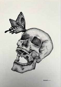 a drawing of a skull with a butterfly on it's head