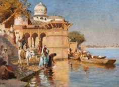 a painting of people and boats in the water near a building with a dome on top