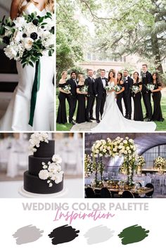 the wedding color palette is green, white and black with an assortment of greenery