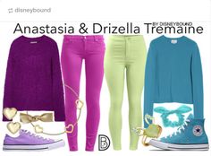 three different colored jeans and sweaters are featured in this image with the words, anastaa & drizella tremaine