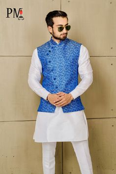 Groom Engagement Outfit Indian, Kurta Pajama With Jacket, Raw Silk Kurta, Mens Waistcoat, Blue Kurta, Kurta Men, Waistcoat Men, Blue Clothing