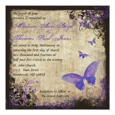 a purple and black butterfly wedding card