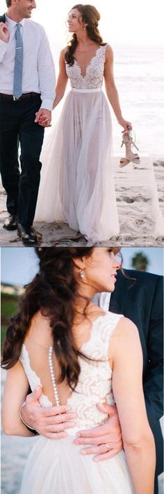 two pictures of a man and woman walking on the beach, one in a wedding dress