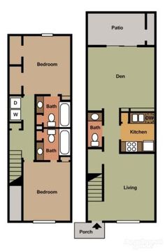 two bedroom apartment floor plans with one living room and the second bedroom in each unit