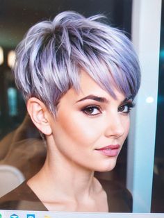 Lavender Pixie Hair, Grey Hair With Purple Highlights, Platinum Lavender, Lavender Pixie, Hair For Older Women, Fixing Short Hair, Purple Grey Hair, Purple Hair Highlights, Choppy Cut