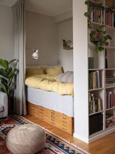 a bedroom with a bed, bookshelf and plants on the shelves in it