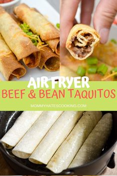 air fryer beef and bean taquitass with text overlay that reads air fryer beef and bean taquitass