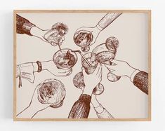 a drawing of people holding wine glasses and toasting with their hands in a circle