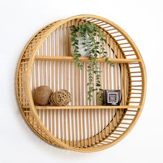 a bamboo shelf with some plants on it