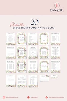 the bridal shower games cards and signs are displayed on a pink background with flowers