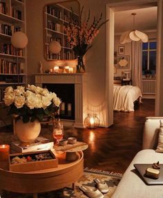 a living room filled with furniture and a fire place next to a book shelf full of books