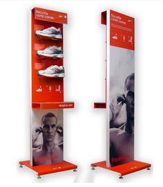 two display stands with different types of shoes on each shelf and one displaying the same product