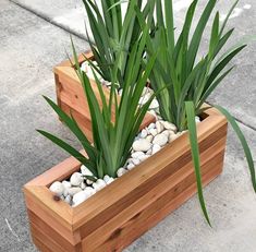 two wooden planters with plants in them on the sidewalk next to rocks and grass