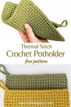 the crochet potholder is shown in three different colors