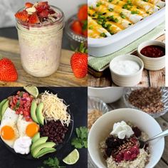 four different pictures with food in them including eggs, strawberries, fruit and yogurt