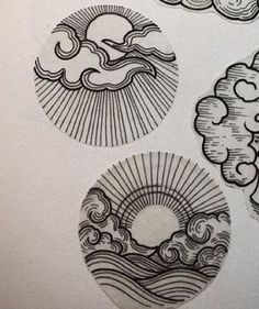 three drawings of clouds and the sun in different directions on paper with ink pen drawing technique