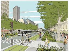 an artist's rendering of a city street with people walking and riding on the sidewalks