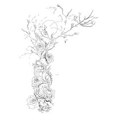 a black and white drawing of a tree with flowers on it's branches, in the shape of a letter t