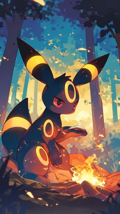 a cartoon pokemon sitting on top of a fire in the forest