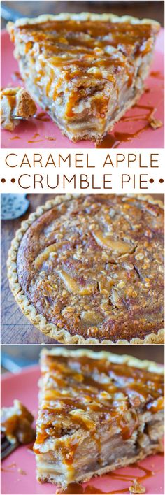 caramel apple crumble pie on a pink plate with the title above it