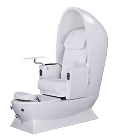 a white chair that is in the shape of a toilet with its seat up and foot rest down