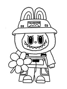 a cartoon character with a flower in his hand and wearing a fireman's hat