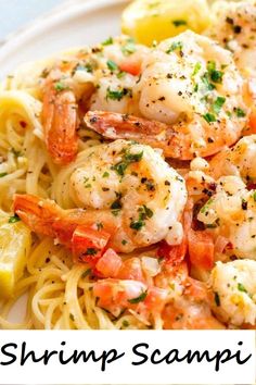 pasta with shrimp and lemon on a plate