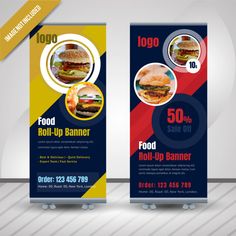 two roll up banners with hamburgers on them